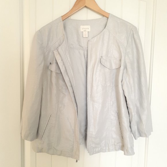 Chico's Foiled Linen Shine Jacket Collarless Full ZipSilver Size 1/Size M - Picture 7 of 12